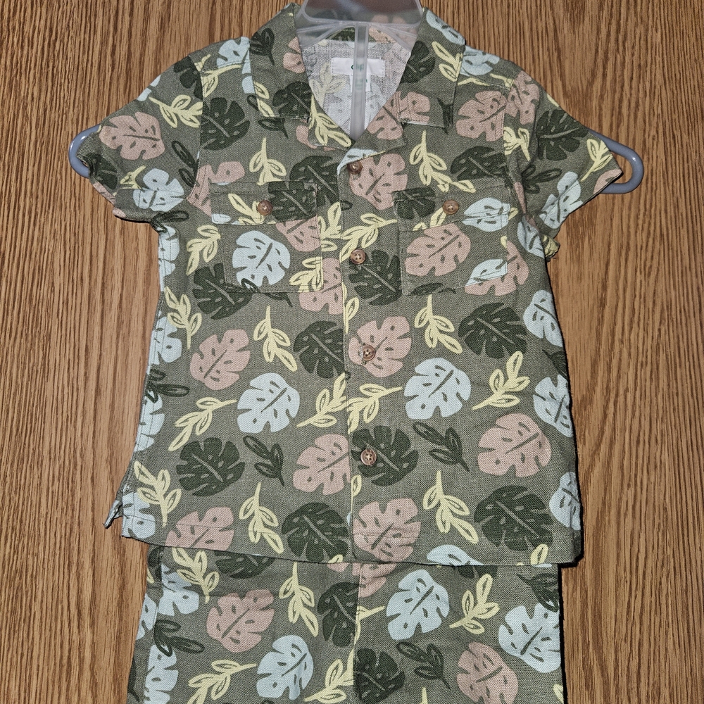 Tropical Leaf Print Two-Piece Set - Olive, Sage & Beige